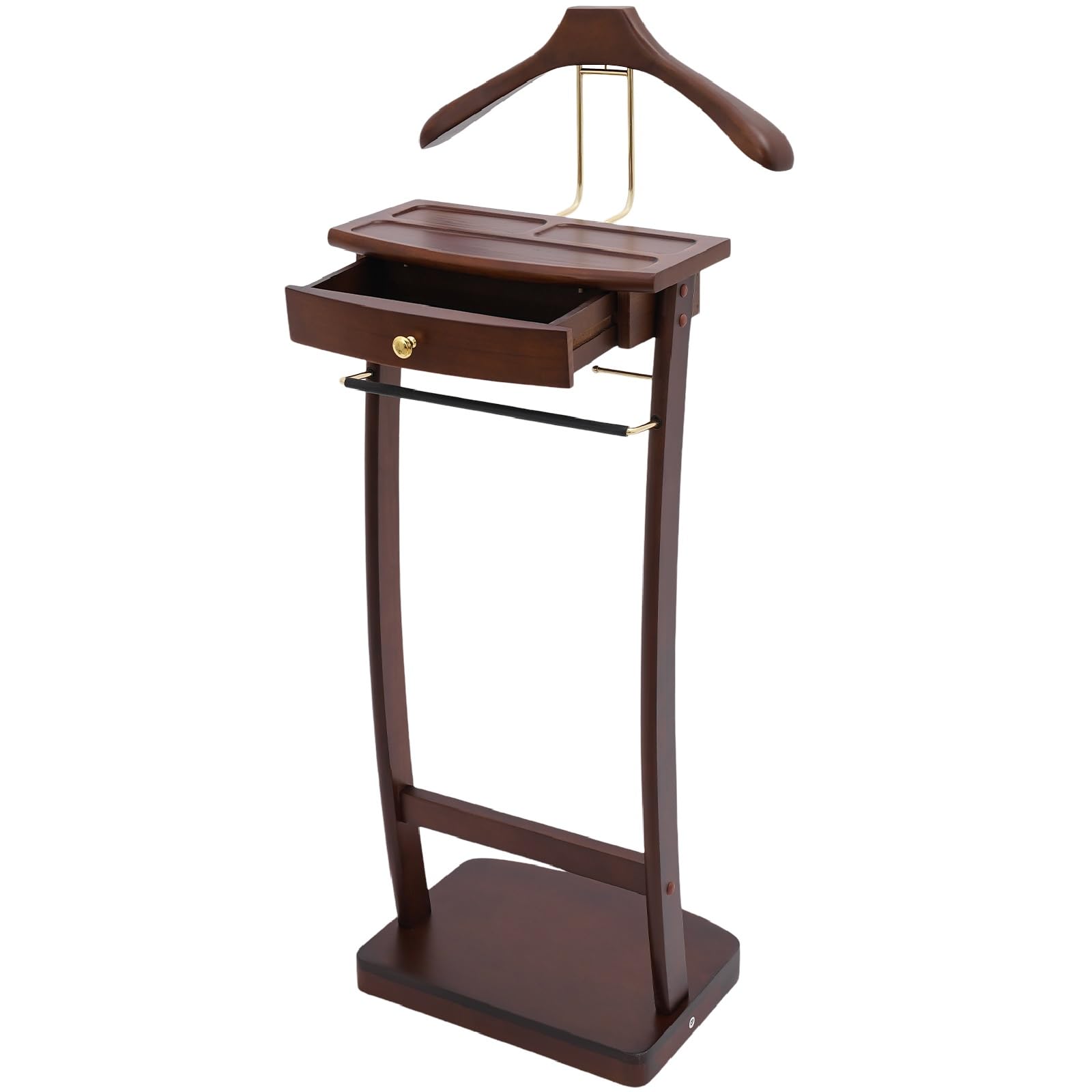 Pinelicorn Freestanding Wood Mens Valet Stand with Drawer, Clothes Butler with Base, Suit Hanger Rack for Office Living Room Bedroom
