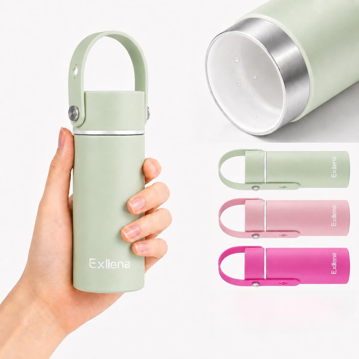 Exllena 200ml Small Water Bottle Ceramic Lined with Adjustable Silicone Handle Made of 100% Stainless Steel (Body + Lid), Mini Metal Water Bottle for Handbag, Leakproof (Mint chill)
