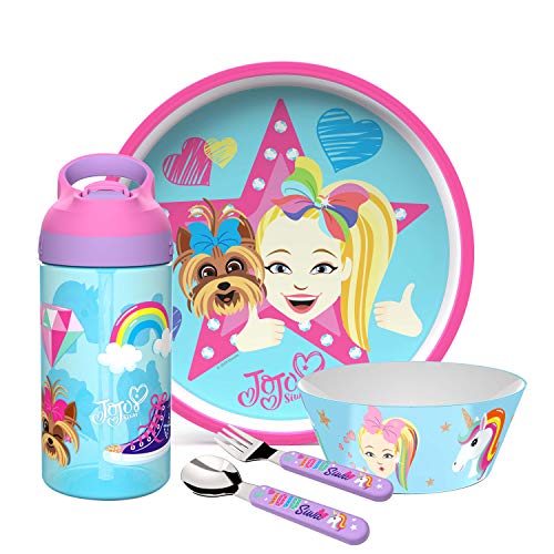 Zak Designs Jojo Siwa Dinnerware Set Includes Plate, Bowl, Water Bottle, and Utensil