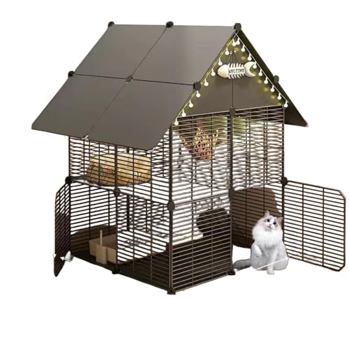 AOUGN猫 ケージ、猫 ケージ トイレ付き、脱獄防止、耐久性があり、組み立てが簡単、広い活動スペース、リビングルーム、寝室、バルコニー (囲い付きヴィラ:2列2階建て2列,猫砂スコップセット + キャットフードボウル(両用))