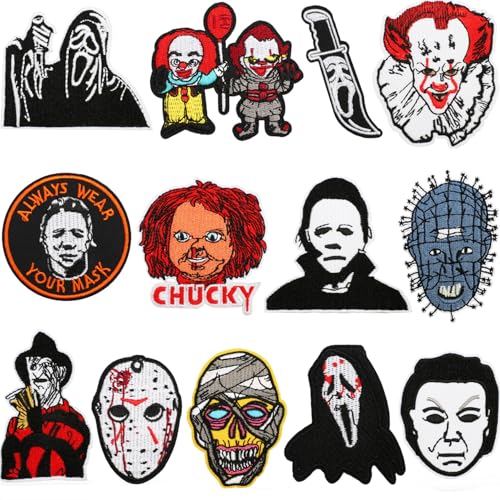 WEUOPG 13 PCS Embroidered Patches for Halloween Horror Scary Movie Iron On/Sew On Applique Patches for T-Shirts Hats Backpacks Clothing Applique Patches for DIY Accessories (Halloween-13pcs)