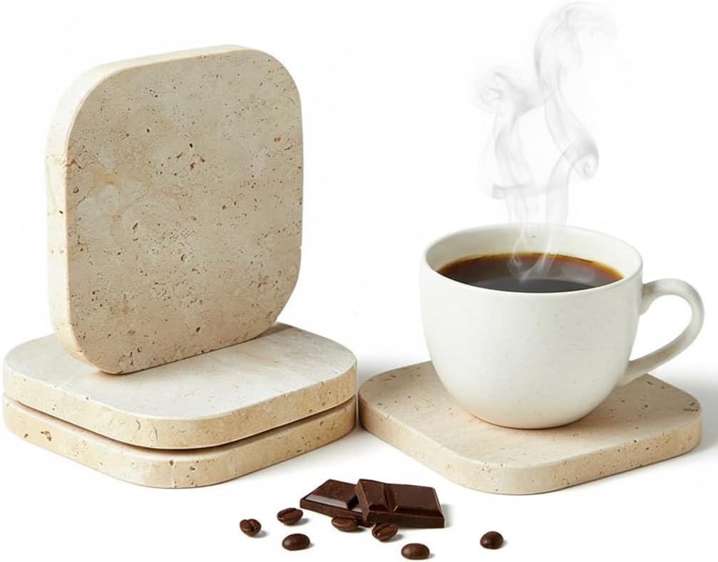 Beige Travertine Coasters Set of 4, Non-Slip Cork Backing, Natural Stone Coaster for Drinks, Anti-Slip Round Artisanal Travertine Coaster for Kitchen Counter and Coffee Table (Round)