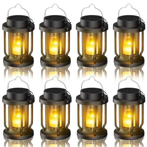 FriutShine Solar Lantern Outdoor & Indoor Use – Hanging Solar Lights with Realistic Flickering Flameless Candle, Weatherproof for Gardens, Patios, Trees, and Lawns (Black, 8 Pack)