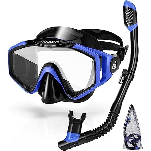 Odoland Snorkel Set for Adults, Anti-Leak Collapsible Dry Top Snorkeling Gear, Anti-Fog Tempered Glass Snorkel Mask for Snorkeling, Swimming And Scuba Diving for Man and Woman