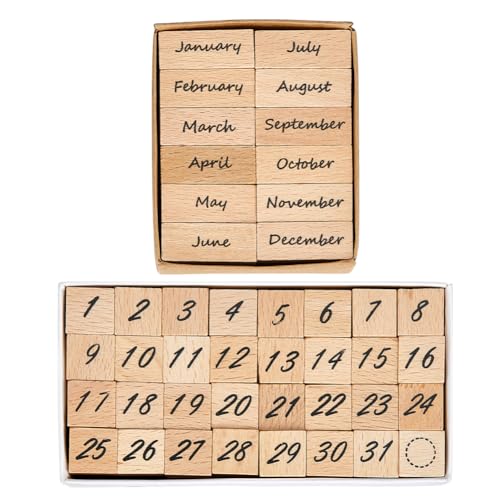 PH PandaHall 44Pcs Month Wooden Rubber Stamps Set 0~31 Numbers Decorative Retro Stamp Set for Journaling DIY Craft Letters Diary Birthday Card Arts and Scrapbooking Party Gift Decor
