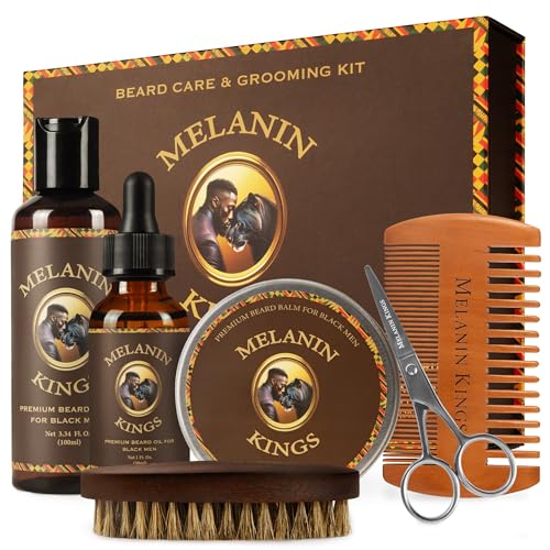 Melanin Kings Beard Grooming Kit for Men - Formulas With Ancient African Natural Ingredients | Beard Wash, Oil, Balm, Brush, Comb, Trimming Scissors