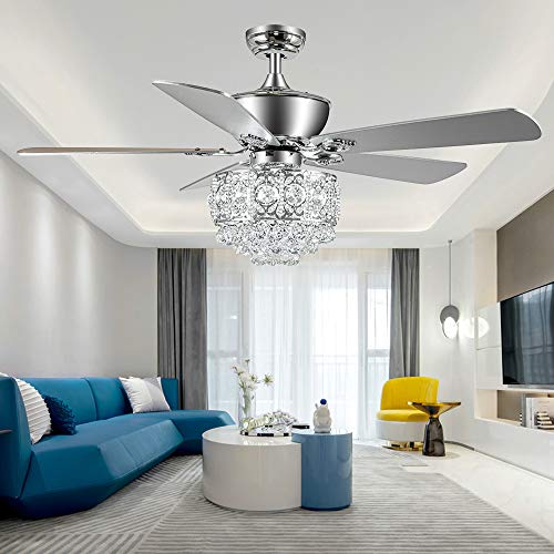 Best Cyber Monday 🔥 Tropwellhouse 52Inch Crystal Ceiling Fan with Lights 3 Speed Remote Control Elegant Crystal 5 Wood Baldes Chrome Ceiling Fan Decoration Home