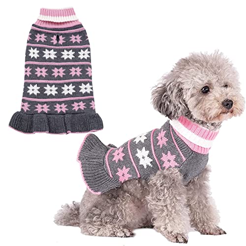 KYEESE Dog Sweater for Small Dogs Warm Pet Coats Fall Winter Dogs Clothes Pet Sweater Dress with Classic Snowflake Pattern Turtleneck Knit Pullover Dog Sweater for Girl with Leash Hole, Grey, Large