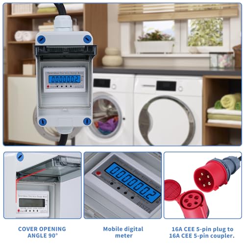 3 Phasen Mobiler Digitaler Stromzähler 16A 400V Mobile Meter CEE-Stecker 3 Phasen Mobiler Digitalzähler 5 * 2,5mm² mit Reset 2m Kabel IP44 Steckdosenadapter Zähler (H07RN-F HR-03X)