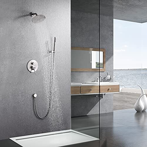 Image of SUMERAIN Wall Mounted Rainfall Shower System Brushed Nickel Shower Faucet Set with Handheld Sprayer and Valve