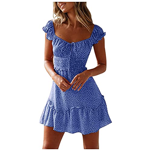 OutTop01 Summer Dresses for Women Casual Beach Sundress Pleated Sleeve Plus Size Bohemian Print Mini Dress Sundress (Blue, M)