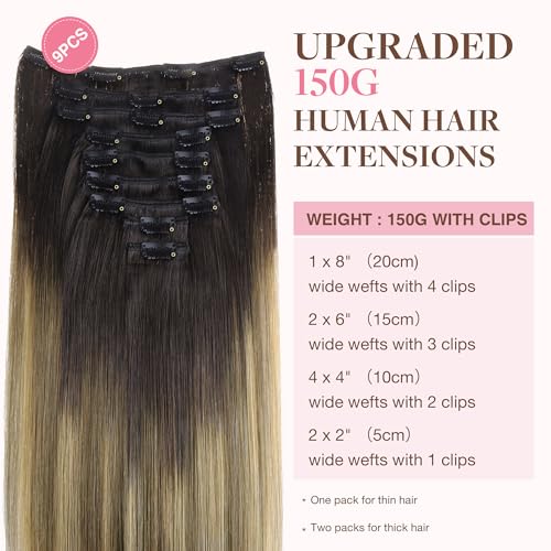 Image of GOO GOO Clip in Hair Extensions Real Human Hair, Remy Human Hair Extensions Clip ins for Women, Natural Human Hair, 22inch 150g 9Pcs, 2 /6 /18 Balayage Brown to Dirty Blonde
