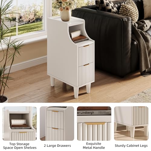 Image of 7.9 inch Narrow Fluted Nightstand Set of 2,Slim Side End Table with 2 Drawers,White Modern Bedside Table,Skinny Night Stand for Bedroom,Small Space