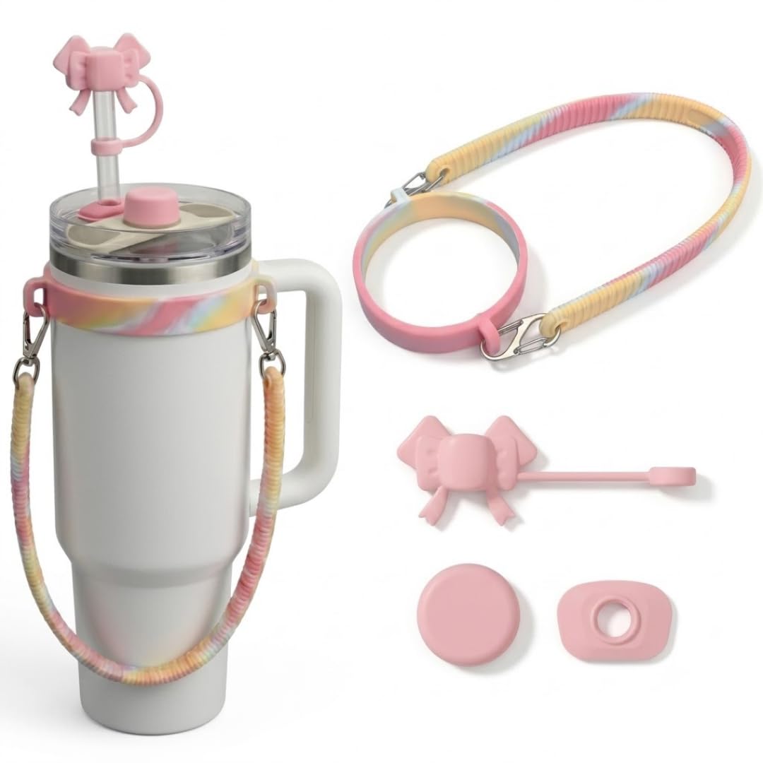 for Stanley Cup Accessories Set of 4 – Silicone Carry Strap, Bow Straw Dust Cover, 2 Spill Stoppers for Stanley Tumbler 40oz, Leakproof Drink Lid Plugs & Water Bottle Strap, Cup Not Included-image-40