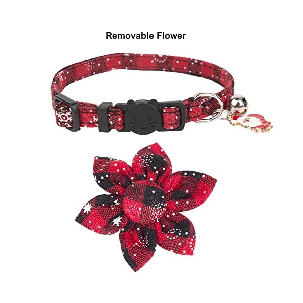 Adoggygo christmas cat collars with flower bell, 2 pack breakaway cat christmas collar with removable floral, red green plaid flower collars for cats (snowflake plaid) - image 5