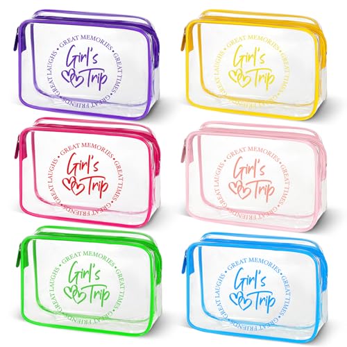 Reginary 6 Pcs Girls Trip Gifts Favors Clear Makeup Bags, Clear Travel Toiletry Bags with Zipper for Women, Waterproof PVC Cosmetic Bag Gifts Set for Women, Bestie, Sister, Colorful