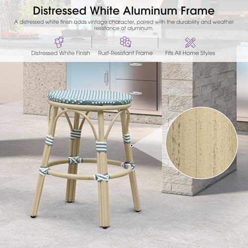 Image of PURPLE LEAF Outdoor French Round Counter Stool Set of 2 Large 26 inch Woven Rattan Seat Backless Barstools White Print Aluminum Frame for Patio Indoor Island Bistro Restaurant Soft Blue
