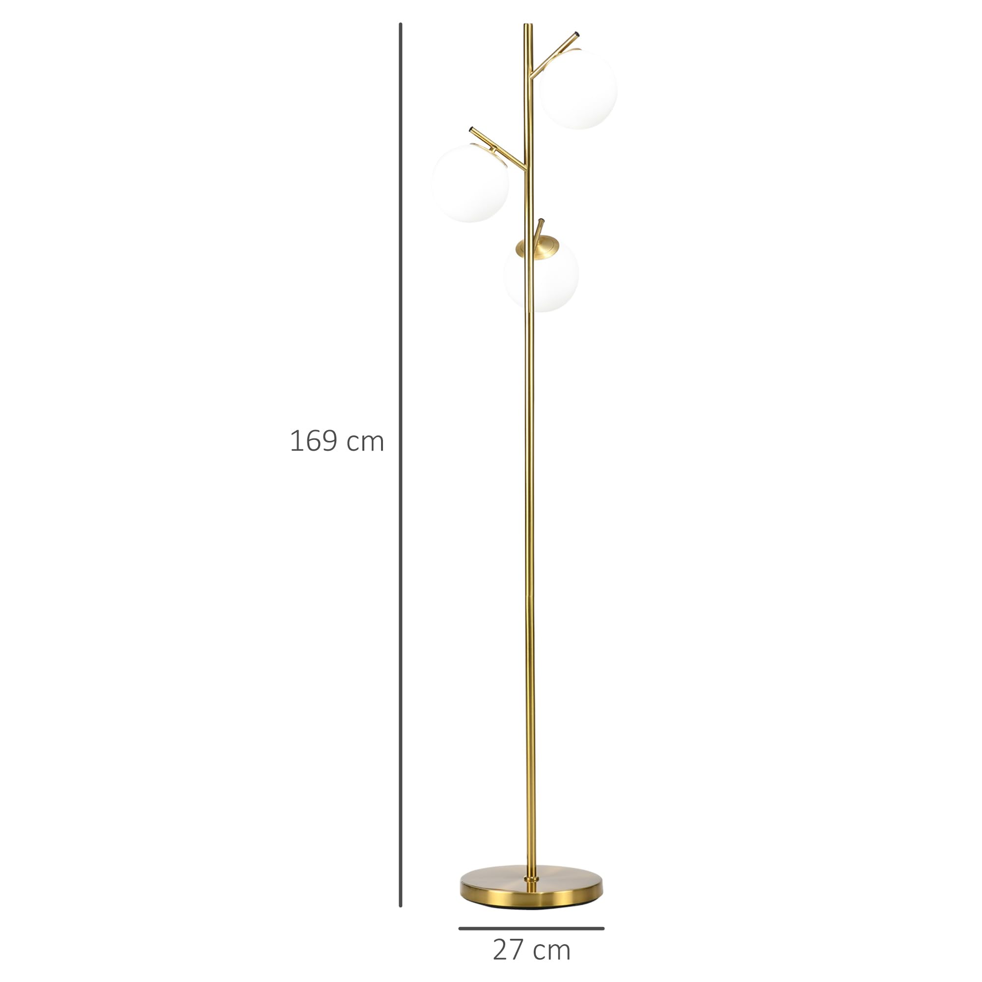 HOMCOM Stehlampe Wohnzimmer Stehleuchte Standleuchte mit 3 E27 Fassungen, 3 Lampenschirmen aus Glas, für Wohnzimmer Schlafzimmer, exkl. Glühbirne, Gold