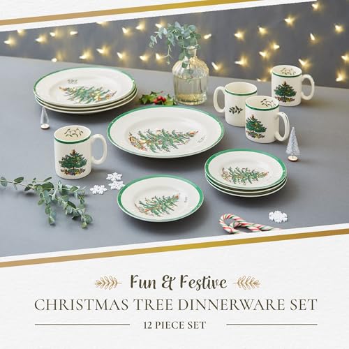 Spode Christmas Tree 12-Piece Dinnerware Set for 4 - Festive Earthenware Plates and Mugs, Microwave & Dishwasher Safe