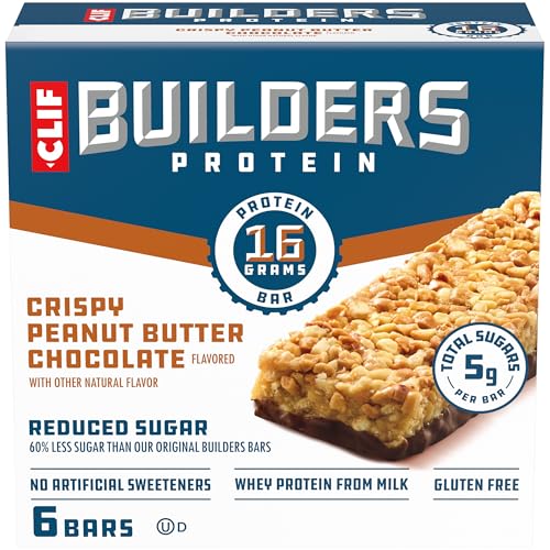CLIF BUILDERS Protein Bars - Crispy Peanut Butter Chocolate Flavored - Reduced Sugar - Gluten Free - 16g Protein - No Artificial Sweeteners - 1.97 oz. (6 Pack)