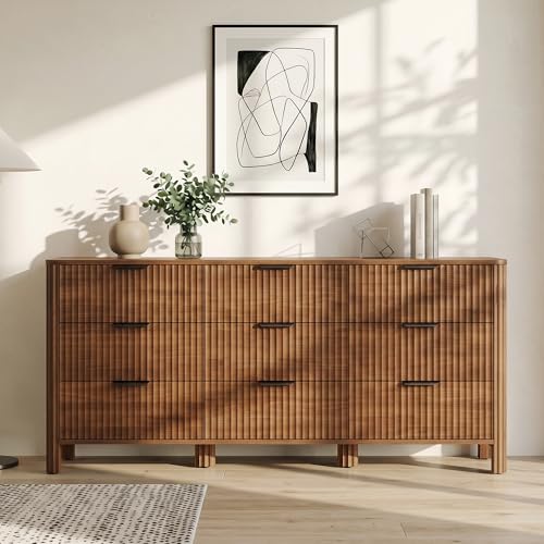 Image of Wodeer 9 Drawer Dresser for Bedroom, 62 inch W Wide Wood Storage Cabinet with Fluted Design, Modern Chest of Drawers & TV Stand for Living Room, Nursery Clothing Organizer with Metal Slides, Anti-Tipping