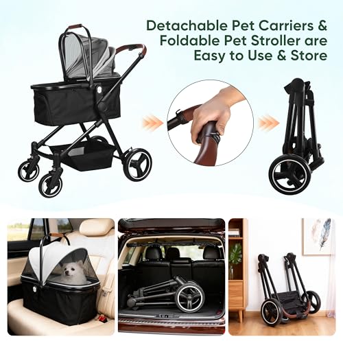 Image of 3-in-1 Foldable Pet Stroller for Dogs & Cats, 33lbs | All-terrain 7 inch /10 inch wheels | Compact storage | Storage basket | Breathable linen | Cup holder & rear brakes