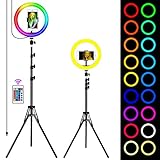 Queta Aro de Luz Trípode LED, Anillo de Luz 7 Colores RGB de 10" 2 Modo 10 Brillo Ajustable con Control Remoto Inalámbrico para Selfie Fotografía Youtube Maquillaje para Móvil, Tripode Ajustable 1.7m