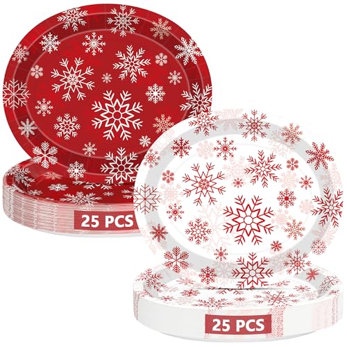 QZYL 50 PCS Christmas Paper Plates, 12.2×10.2 Inches Oval Snowflake Plates Christmas Party Decorations, Red White Platters Xmas Party Dinnerware, Holiday Party Supplies BBQ New Year Tableware