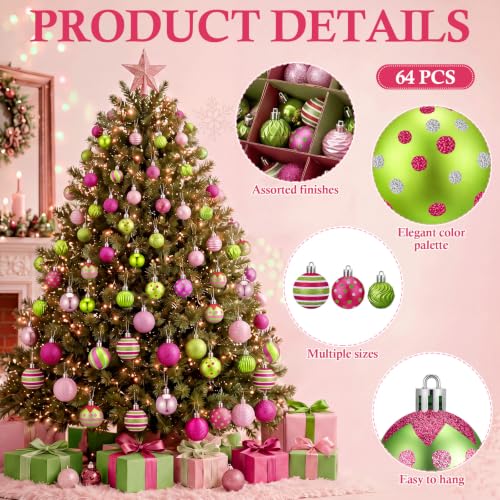 Image of Lunmon 64 Pcs Lime Green Pink Christmas Ornaments Sets Polka Dot Xmas Balls