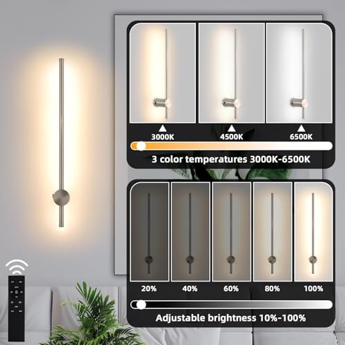 Image of Battery Operated Wall Sconces with Remote, Dimmable 3000K-6000K /Timer /Memory LED Wall Lamp, 350Rotate, USB Rechargeable Wireless wall lights for Living Room, Bedroom Brushed Nickel 23.6 inch(2 Pack)