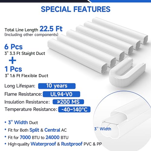 Image of Mini Split Line Set Cover: 3'' 22.5 Ft Decorative Minisplit Lineset Cover Kit, Paintable PVC & PP Universal for Mini Split, Air Conditioner, Central AC, HVAC Heating System Line Protection