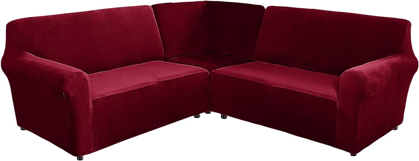 ele ELEOPTIONVelvet Sofa Cover L Shape 5 Seater Corner Sofa Cover 3-Piece Stretch Sofa Cover for L-Shaped Sofa Furniture Thick Soft Washable Corner Sofa Cover