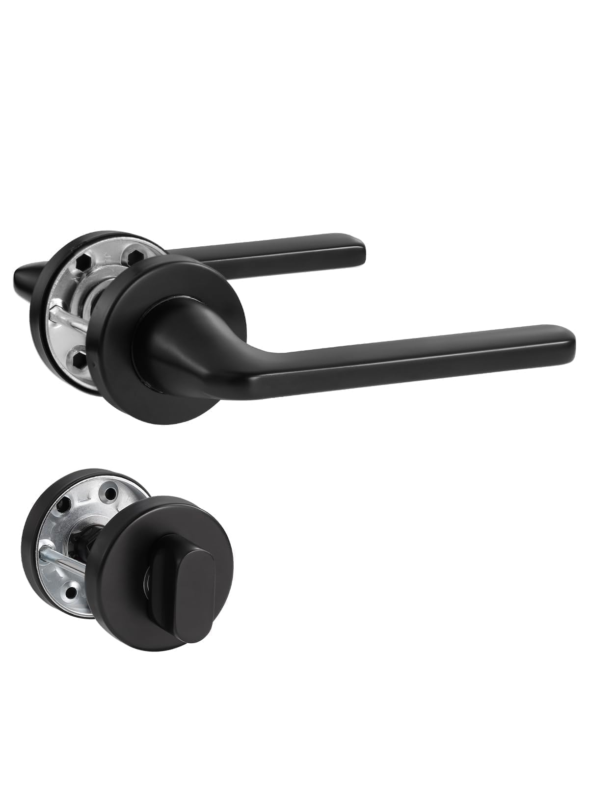 SORWDUERM Black Door Handle Set, Matte Brushed Stainless Steel, L Shape Round Rosette PZ Profile Cylinder for Front & Interior Doors