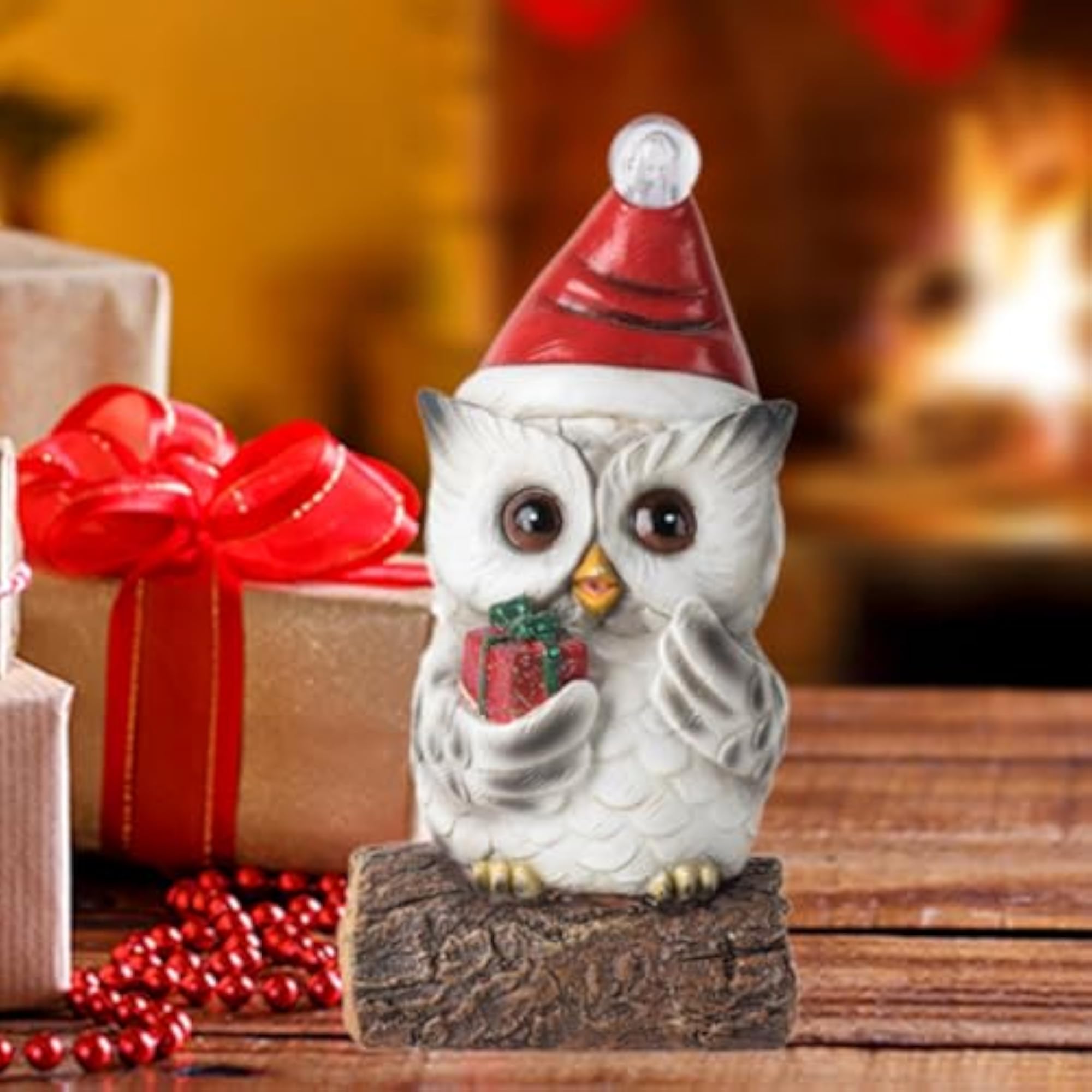 Christmas Owl Sculpture with Light Decor Figurine