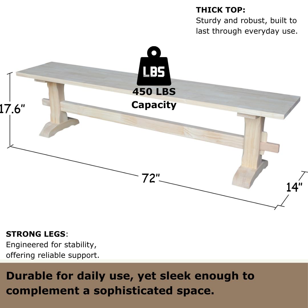 Solid Parawood Trestle Bench Unfinished 72", Kitchen/Dining Furniture, Sturdy & Reliable, Paint or Stain in Any Color, 450 lb Capacity, Entryway, Living Room, Family Room, Breakfast Nook, Unfinished