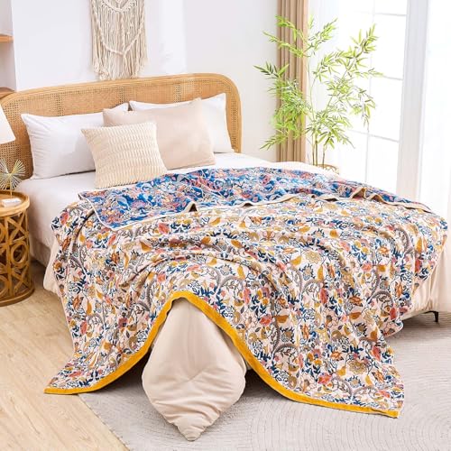 Image of XIBLC Boho Blanket Throw Quilt, 100% Cotton Soft Light Weight Throw Blankets for Summer, 60 inchx80 inch Farmhouse Flower Decorative Blankets, All Season Rustic Reversible Bohemian Throw Quilt