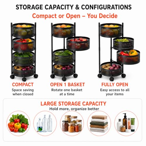 Image of Homeor 4 Layer Kitchen Trolley with Wheels | 360 Rotating Metal Storage Rack for Vegetables, Fruits, Onion & Spices | Square Multipurpose Kitchen Organizer Stand | Metal Kitchen Trolley, Matte Black