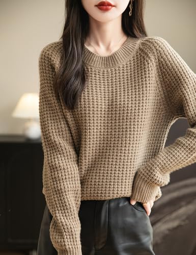 Women's Crewneck 100% Merino Wool Sweater 2025 Fall Winter Waffle Knit Sweater Casual Warm Long Sleeve Pullover3