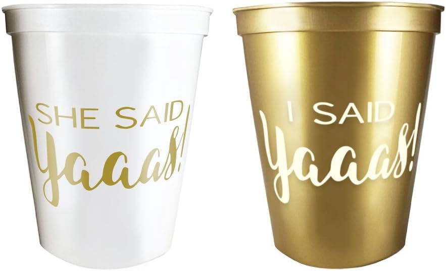 Gemich bachelorette party cups:(12 pack) Said Yaaas! / She Said yees! Plastic Cup Set for Weddings, Bridal Showers, Engagement Party Decoration & Bride to be Gift.16 oz. White & Metallic Gold)