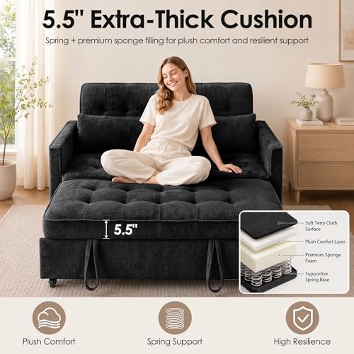 Image of Dreamzie 55'' 3 in 1 Convertible Sofa Bed with USB Charging Ports, Pull Out Couch with Adjustable Backrest and Side Pockets, Sleeper Sofa for Living Room, Apartment, RV, Easy Assembly - Black