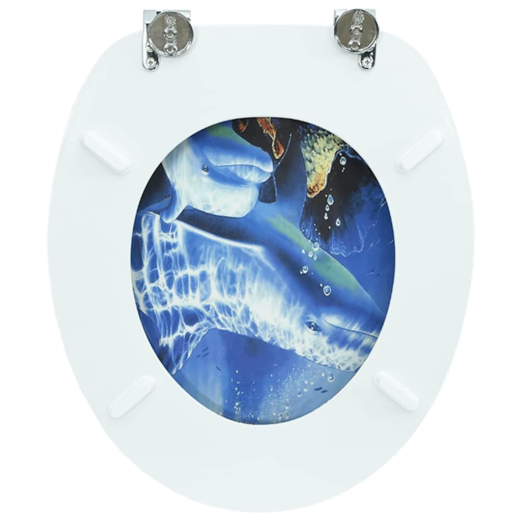 Sedile WC in MDF con motivo delfino, coperchio e sedile in MDF ad alta resistenza, cerniere in lega di zinco cromato, regolabile da 12 a 20 cm, adatto per WC comuni, semplice