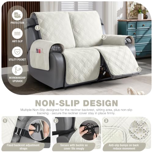 Image of TAOCOCO Waterproof Loveseat Recliner Covers Non Slip for Reclining 2 Seater | 100% Waterproof & Washable Split Couch Cover for Dogs & Pets, 2-Piece Recliner Chair Covers with Straps & Pockets, Ivory