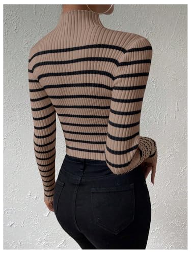 Image of MakeMeChic Women's Casual Rib Knit Striped Mock Neck Long Sleeve Pullovers Tops Slim Fitted Sweaters Brown Small