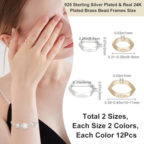 CREATCABIN 48Pcs/Box 24K Gold Plated Hexagon Bead Frame 2 Hole Spacer Brass Circle Round Frame Connector Ring 925 Sterling Silver Plated for Beading Earring Bracelet Necklace Jewelry Making Craft - Image 2