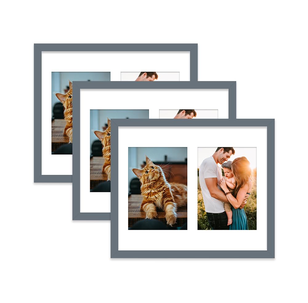 Grey Multi Photo Frame - Holds 2 x 7x5 Pictures, Family Collage Picture Frame for Wall Display, 12x10 Frame size, Set of 3