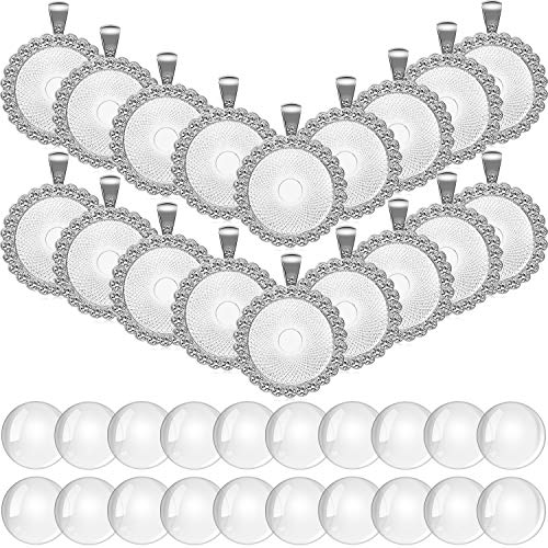 40 Pieces Rhinestone Bezel Pendant Trays Set, Include 20 Pieces Round Bezel Trays Cabochon Pendant Setting with 20 Pieces Clear Glass Cabochons for Photo Pendant DIY Jewelry Craft Making