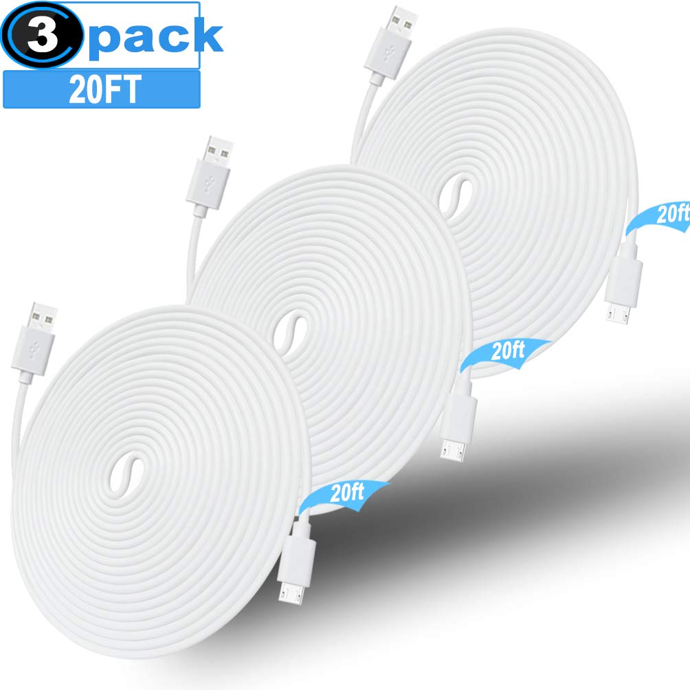 20FT 3 Pack Power Extension Cable for Wyze Cam Pan/WyzeCam/Kasa Cam/YI Dome Home/Furbo Dog/Nest Cam/Arlo Q/Blink/Cloud Camera,KasaCam NestCam Indoor,Netvue,SCOVEE Micro USB Charging Charger Cord