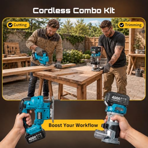 Image of SEESII Cordless Jigsaw and Wood Router Tool for Combo Kit | with Batteries and Charger, Brushless, Aluminum Palm Router, 0-45 Bevel Jig Saw, Adjustable Speed for Cutting & Trimming