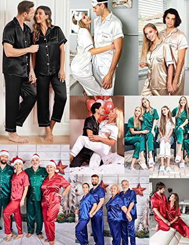 SWOMOG Couples Pajamas Sets Women & Men Satin Short Sleeve Sleepwear Button Down Loungewear Pjs Set with Long Pants4