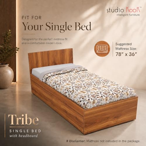 Image of Studio Kook Tribe with Headboard Engineered Wood Single Bed with Drawers (Amber Walnut, Left Side Drawer)